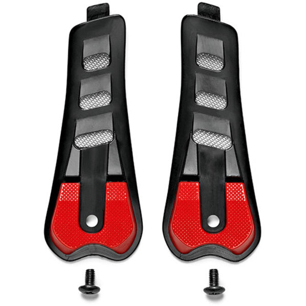 Pair of black and red heel slip guards with screws on a white background