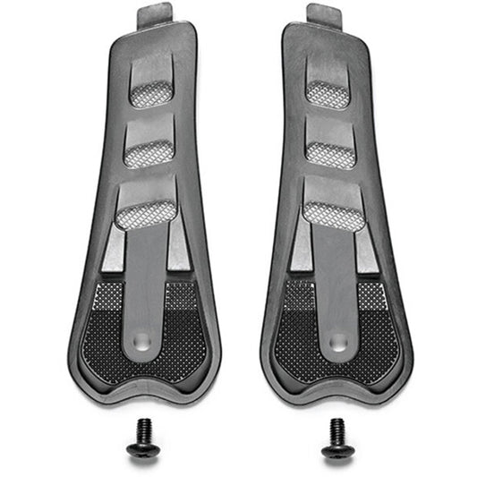 Pair of black heel slip guards with screws on a white background