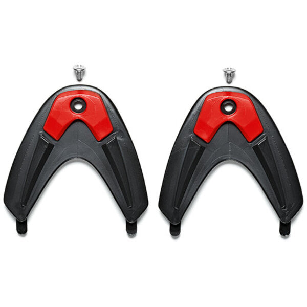 Two black and red toe inserts on a white background