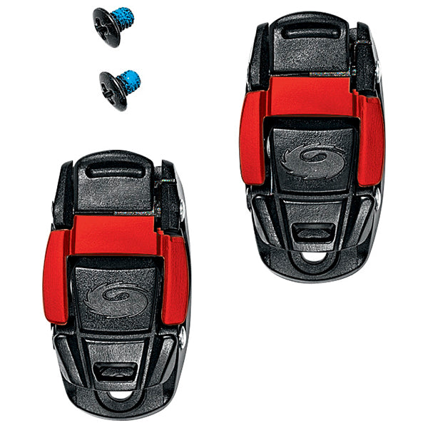 Two black and red shoe buckles