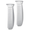 Two white plastic straps with textured surface on a white background