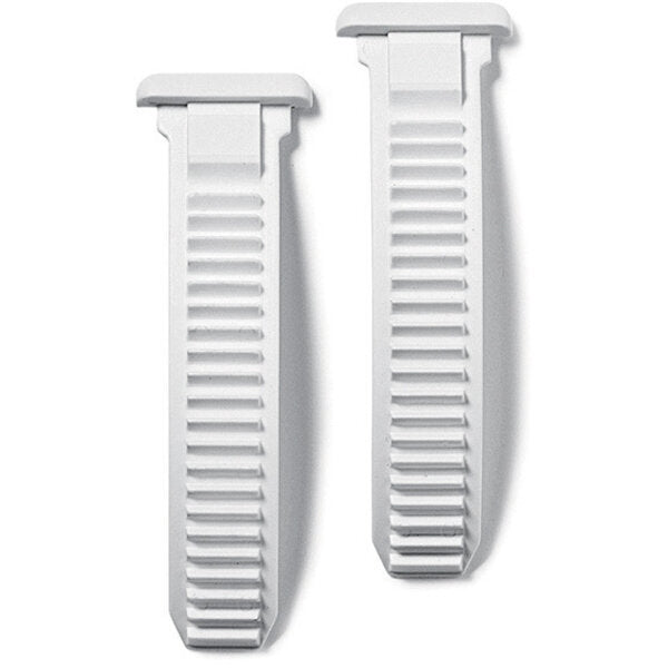 Two white plastic straps with textured surface on a white background