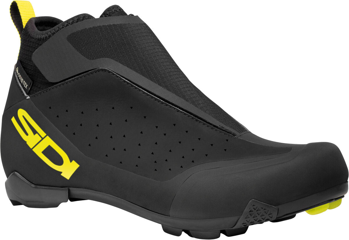 Black cycling shoe with yellow Sidi logo on a white background