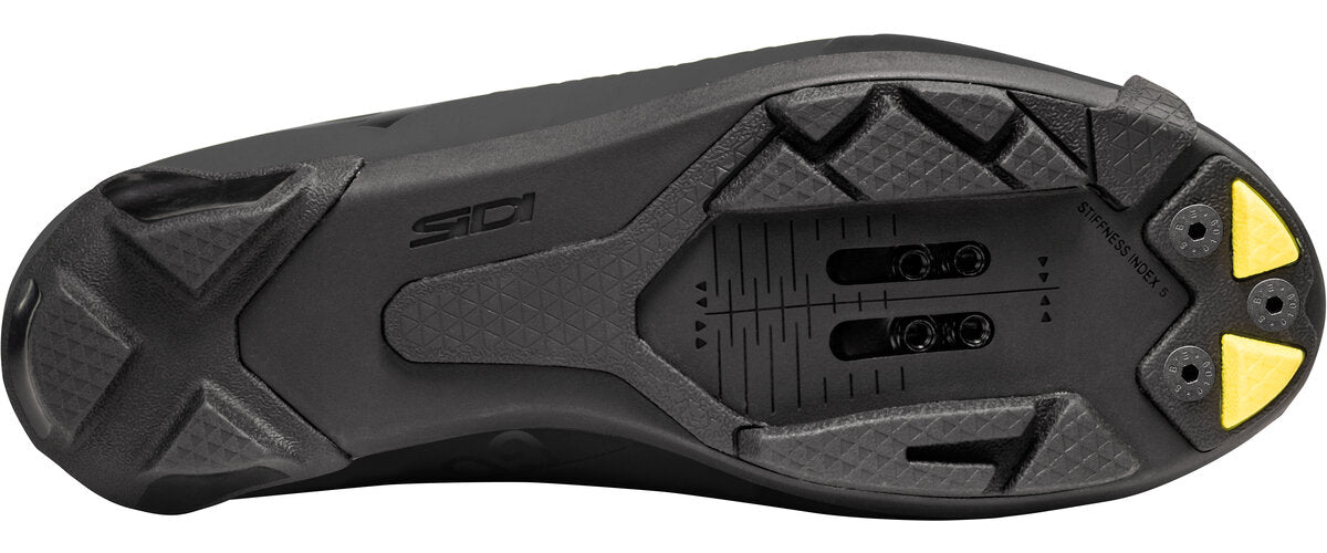 Close-up of a black cycling shoe sole with Sidi branding on a white background