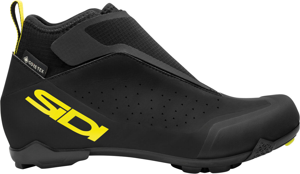 Black cycling shoe with yellow Sidi logo on a white background