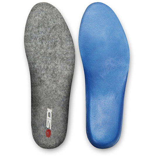 Gray and blue shoe insoles with a visible brand logo on a white background