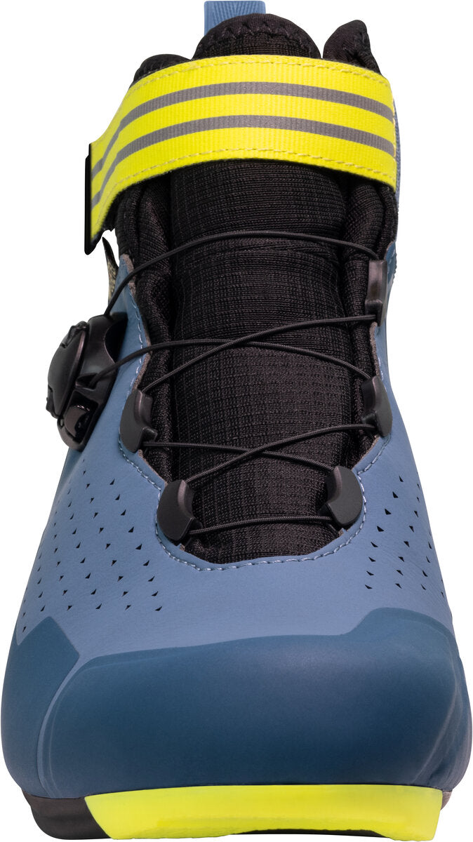 Blue cycling shoe with yellow accents on a white background