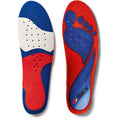 Red and blue shoe insoles with a visible brand logo on a white background