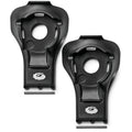 Two black plastic components with a logo on a white background