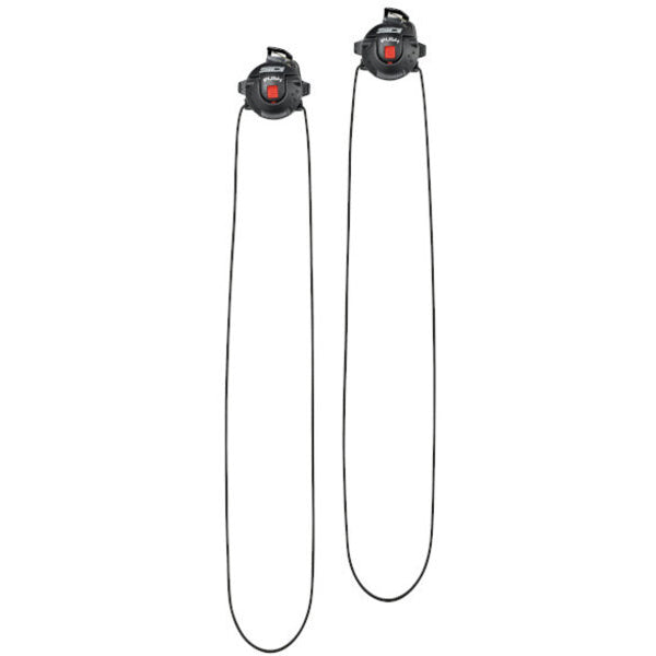 Two black shoe lacing with red buttons on a white background