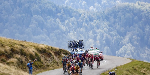 Bicyclists racing on a mountain road