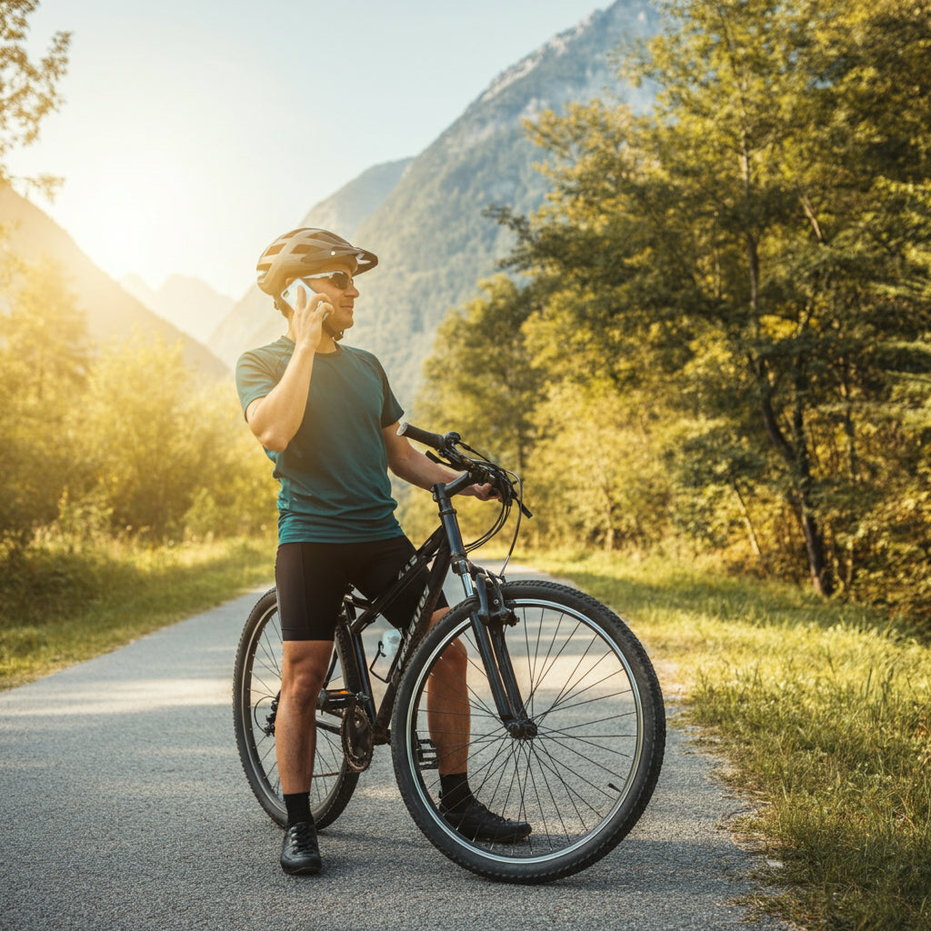 Person on a bicycle talking on a phone with mountains and trees in the background