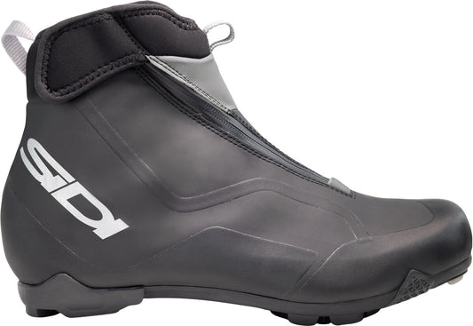 Black cycling boot with white logo on a white background