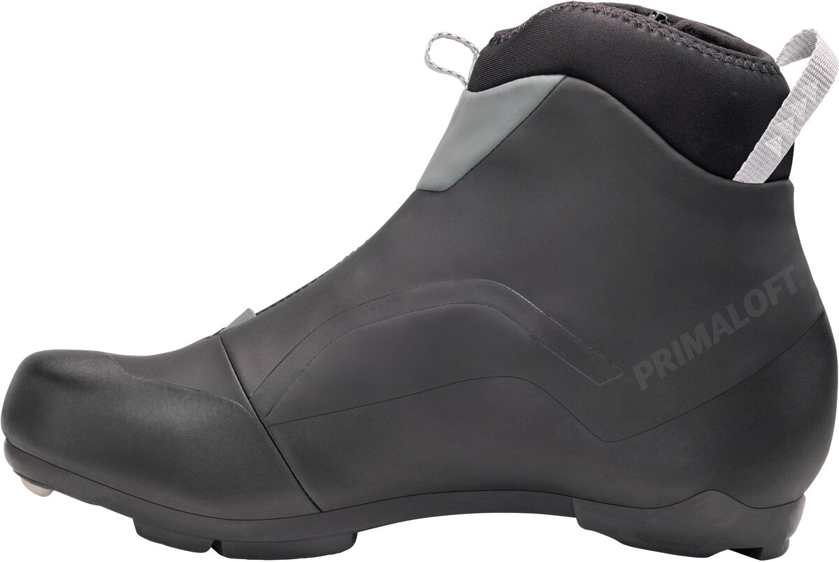 Black high-top shoe with Primaloft logo on a white background