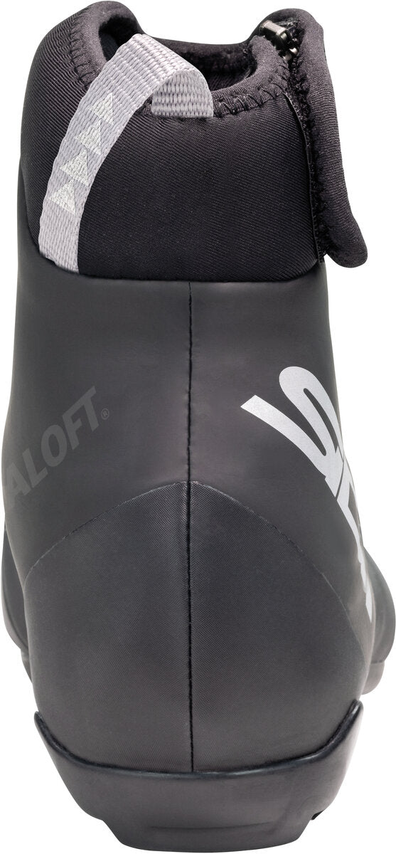 Black and gray winter boot with visible brand logo on a white background