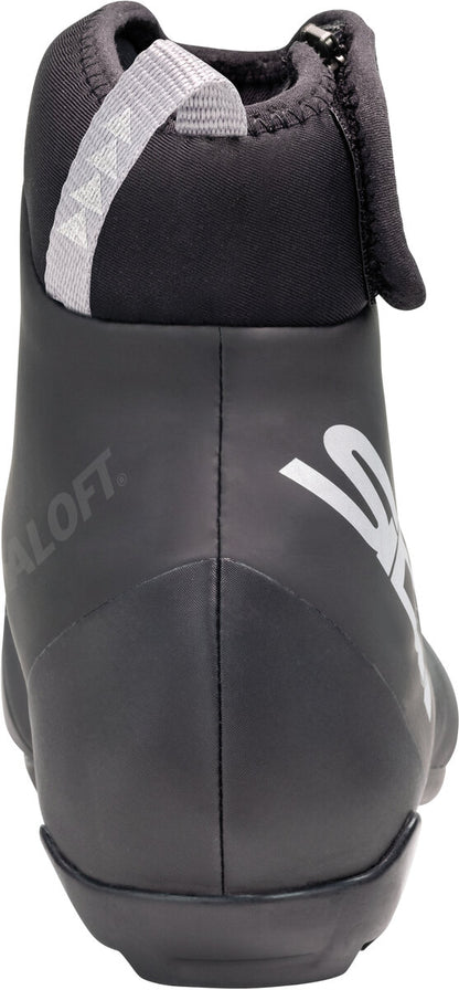 Black and gray winter boot with visible brand logo on a white background