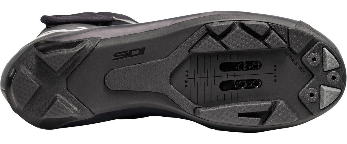 Close-up of a black shoe sole with Sidi branding on a white background