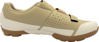 Beige cycling shoe with white sole on a white background