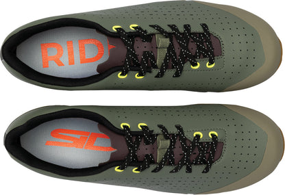 Pair of green athletic shoes with 'RIDE' branding on a white background