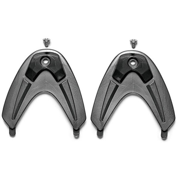 Two black toe insert panels with screws on a white background