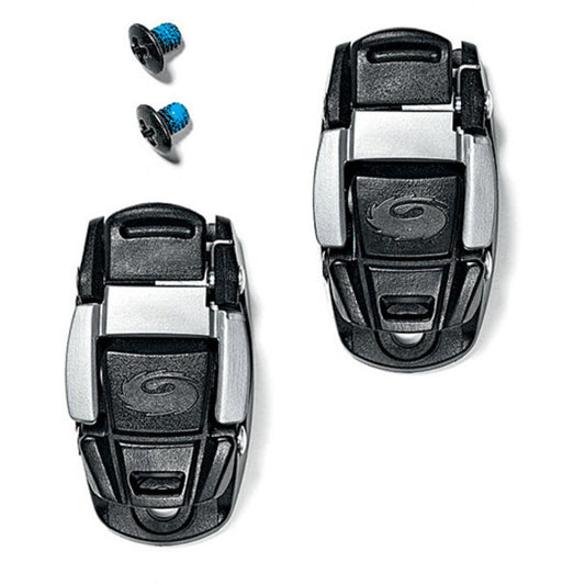 Two black and silver shoe buckles