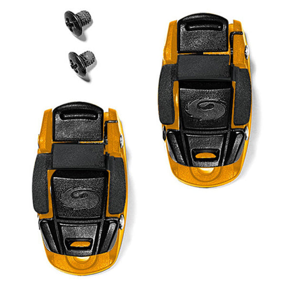 Two yellow and black shoe buckles