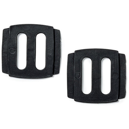 Two black plastic buckles on a white background