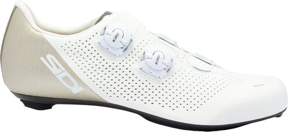 White cycling shoe with brand logo on a white background