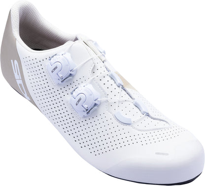 White cycling shoe with brand logo on a white background