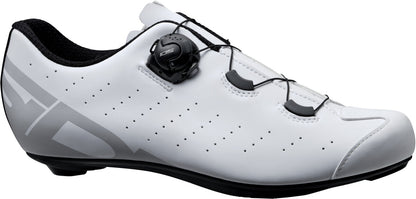White cycling shoe with black accents on a white background