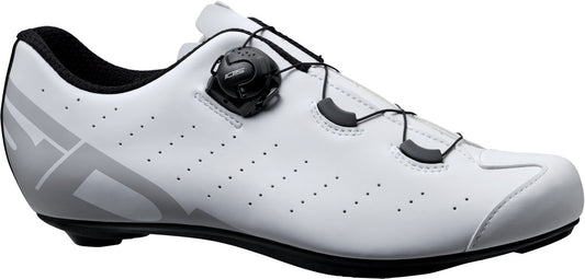White cycling shoe with black accents on a white background