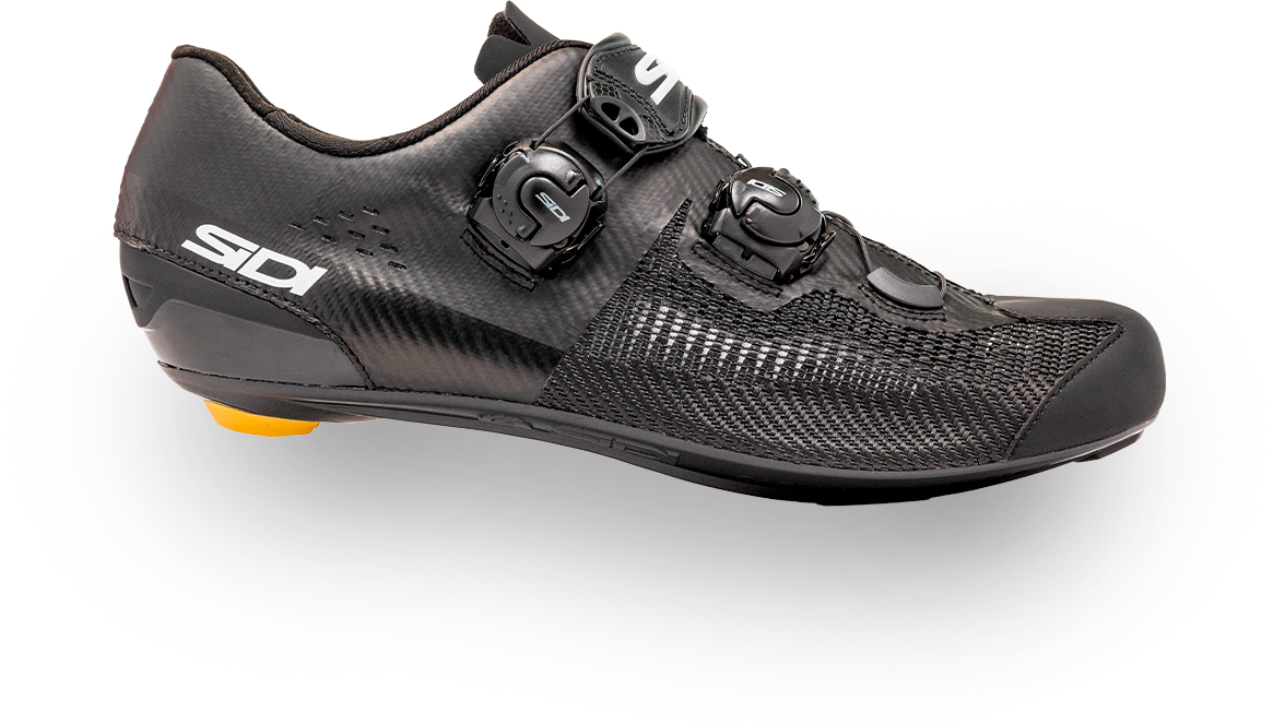 Black cycling shoe with Sidi branding on a white background