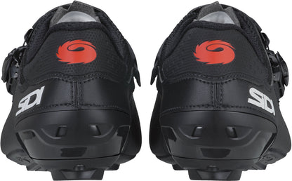 Black cycling shoes with red logo and Sidi branding on a white background