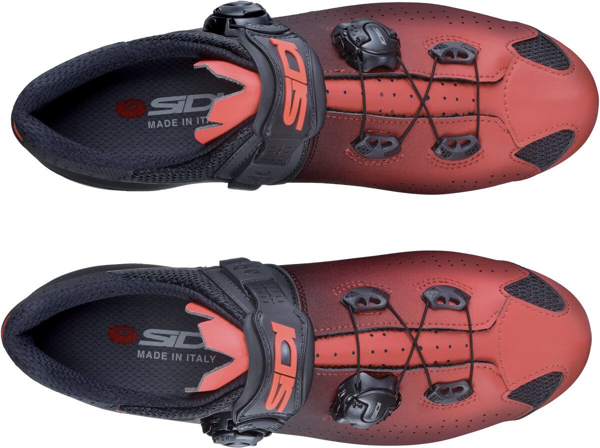 Red and black cycling shoes with Sidi branding on a white background