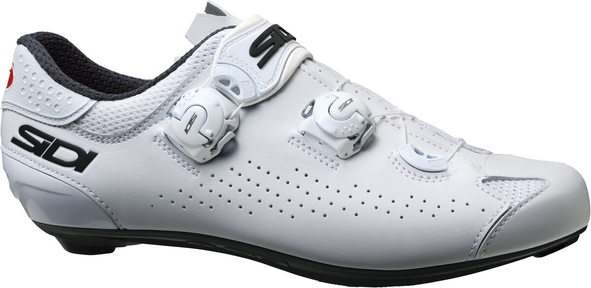 White cycling shoe with black accents on a white background