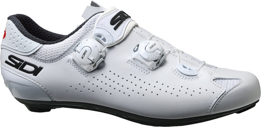 White cycling shoe with black accents on a white background