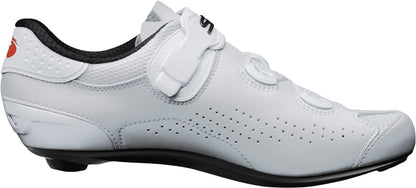 White cycling shoe with a black sole on a white background
