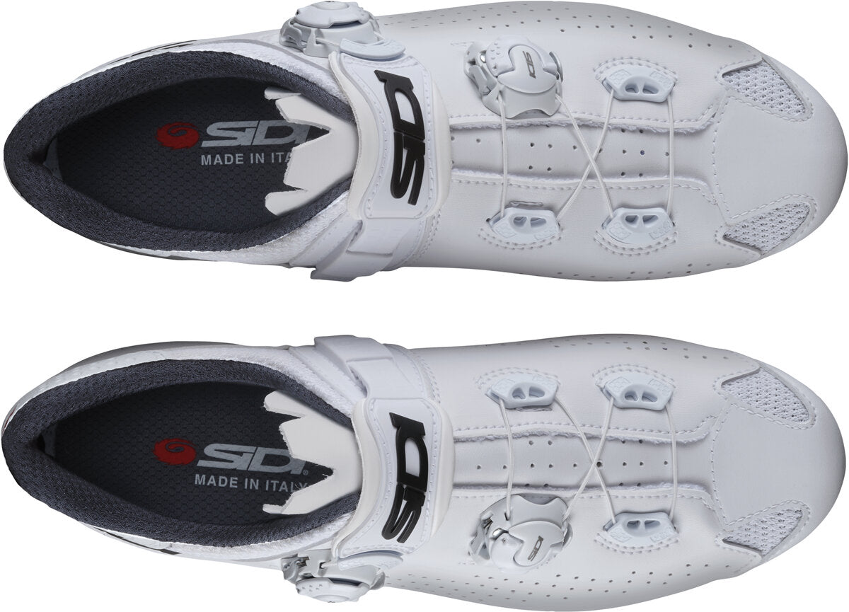 White cycling shoes with Sidi branding on a white background