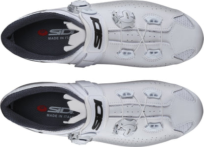 White cycling shoes with Sidi branding on a white background