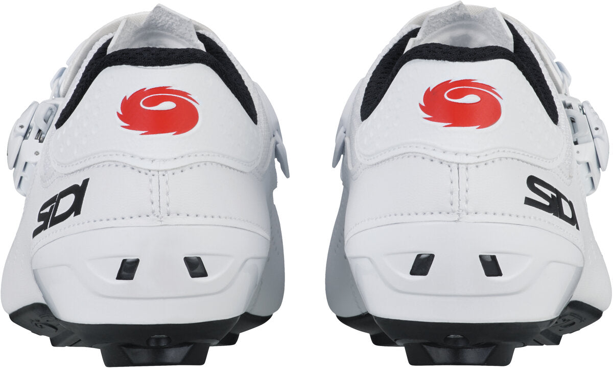 White cycling shoes with red and black logo on a white background