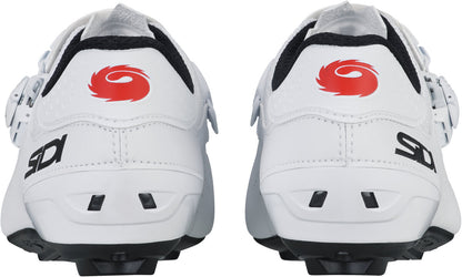 White cycling shoes with red and black logo on a white background