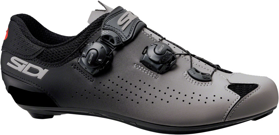 Gray cycling shoe with black accents on a white background