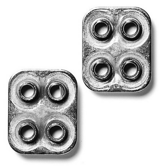 Two metallic square-shaped objects with multiple holes on a white background