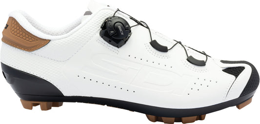 White cycling shoe with brown accents on a white background