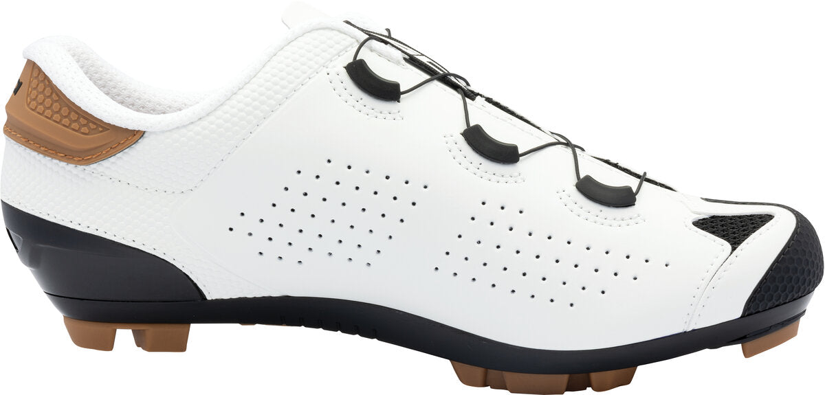 White cycling shoe with black and brown accents on a white background
