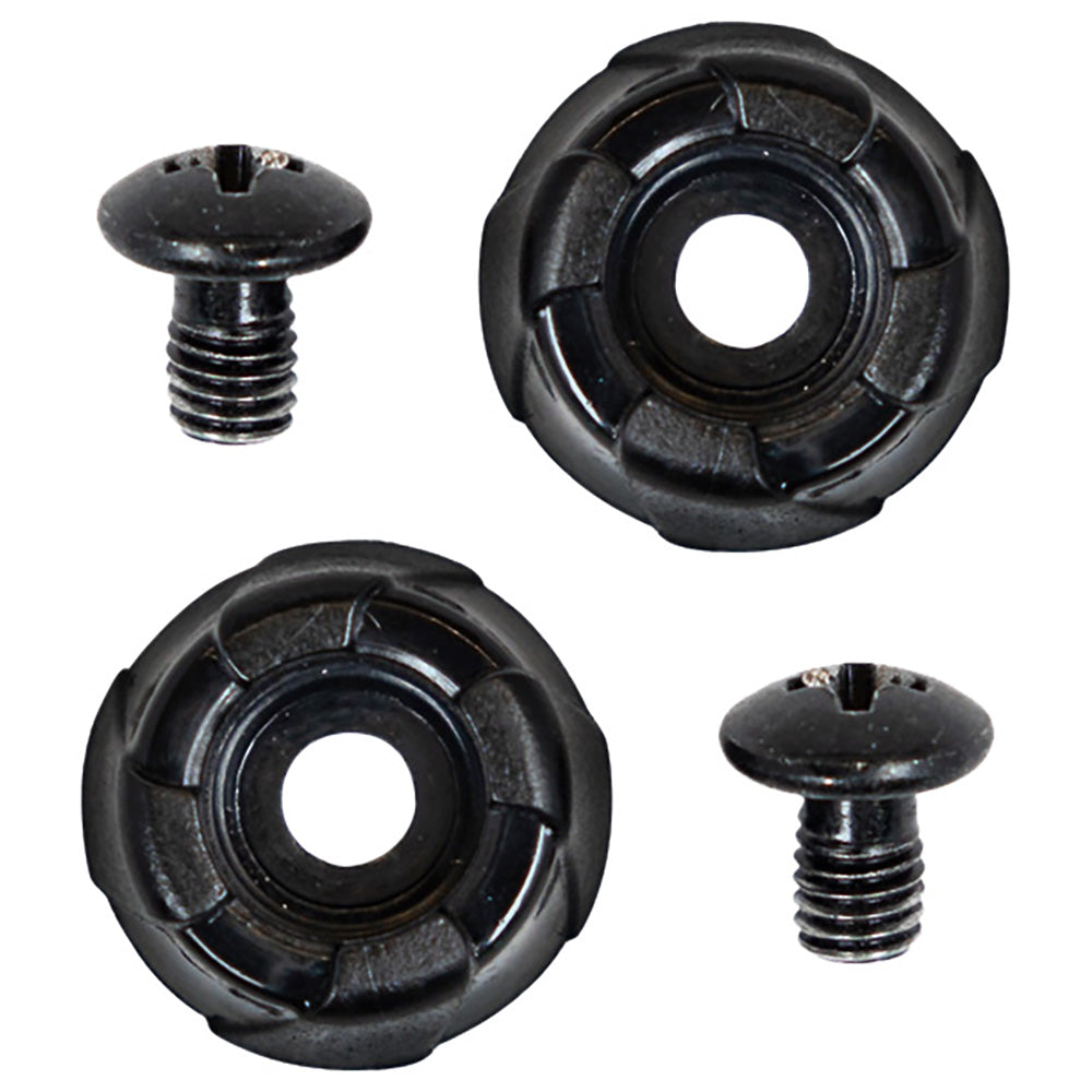 Two black shoe studs with screws