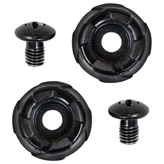 Two black shoe studs with screws