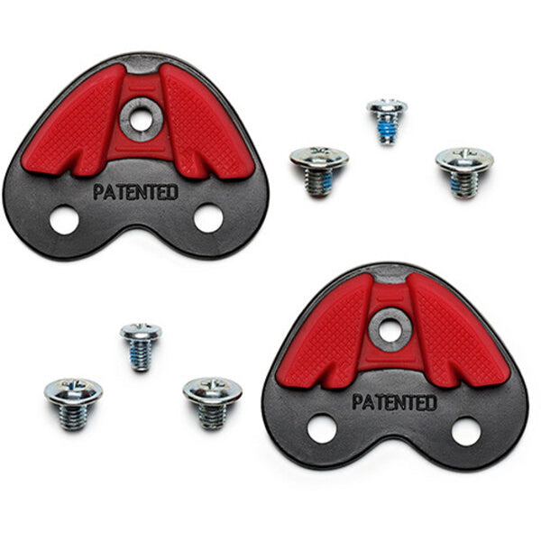 Two red and black metal components with screws on a white background