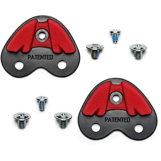 Two red and black metal components with screws on a white background