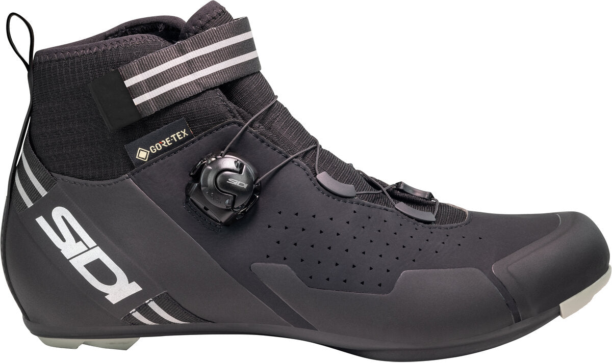 Black cycling shoe with Sidi branding on a white background